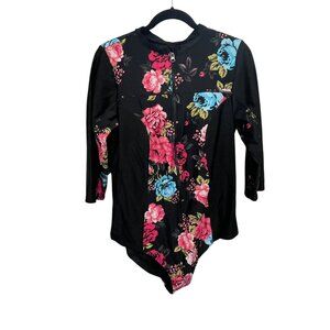 Torrid Womens Floral Long-Sleeve Zip-Up Swim Bodysuit Size 2 Black